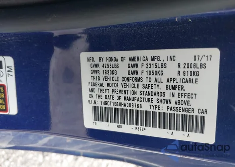 2017 Honda Accord Ex-L из США, поврежденный, VIN 1HGCT1B80HA009768